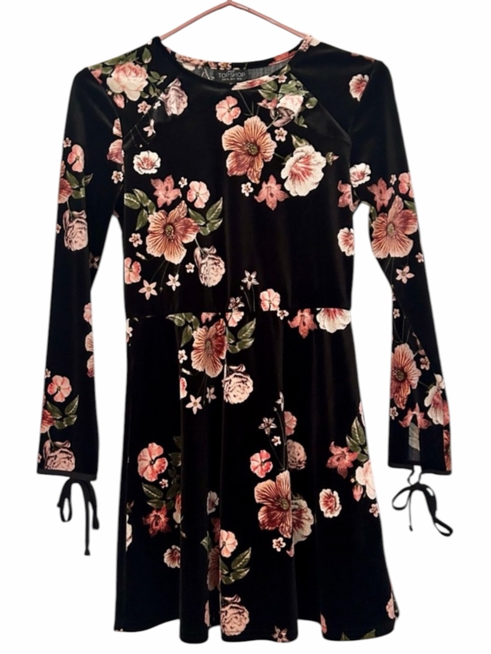 Topshop Petite Floral Velvet Long Sleeve Tie Cuff Skater Mini Dress Black 4P